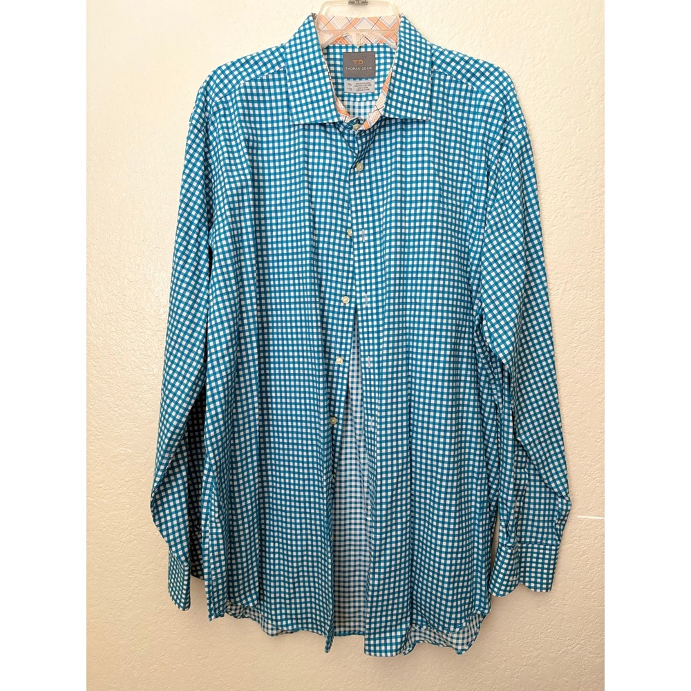 Thomas Dean Blue Gingham Check Button Down Collared Shirt Western Preppy Classic